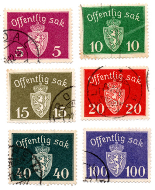 Noruega - 1939 - STW-40-42-43-44-48 e 50 - 1939 -1945 National Coat of Arms - Photogravure, without Watermark (Oficial) - Conjunto 6 selos - Série incompleta-0